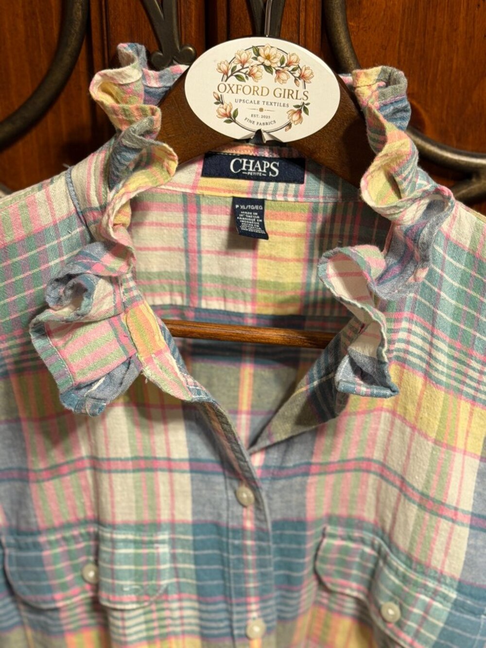 CHAPS Linen/Cotton pastel plaid Ruffle collar XL